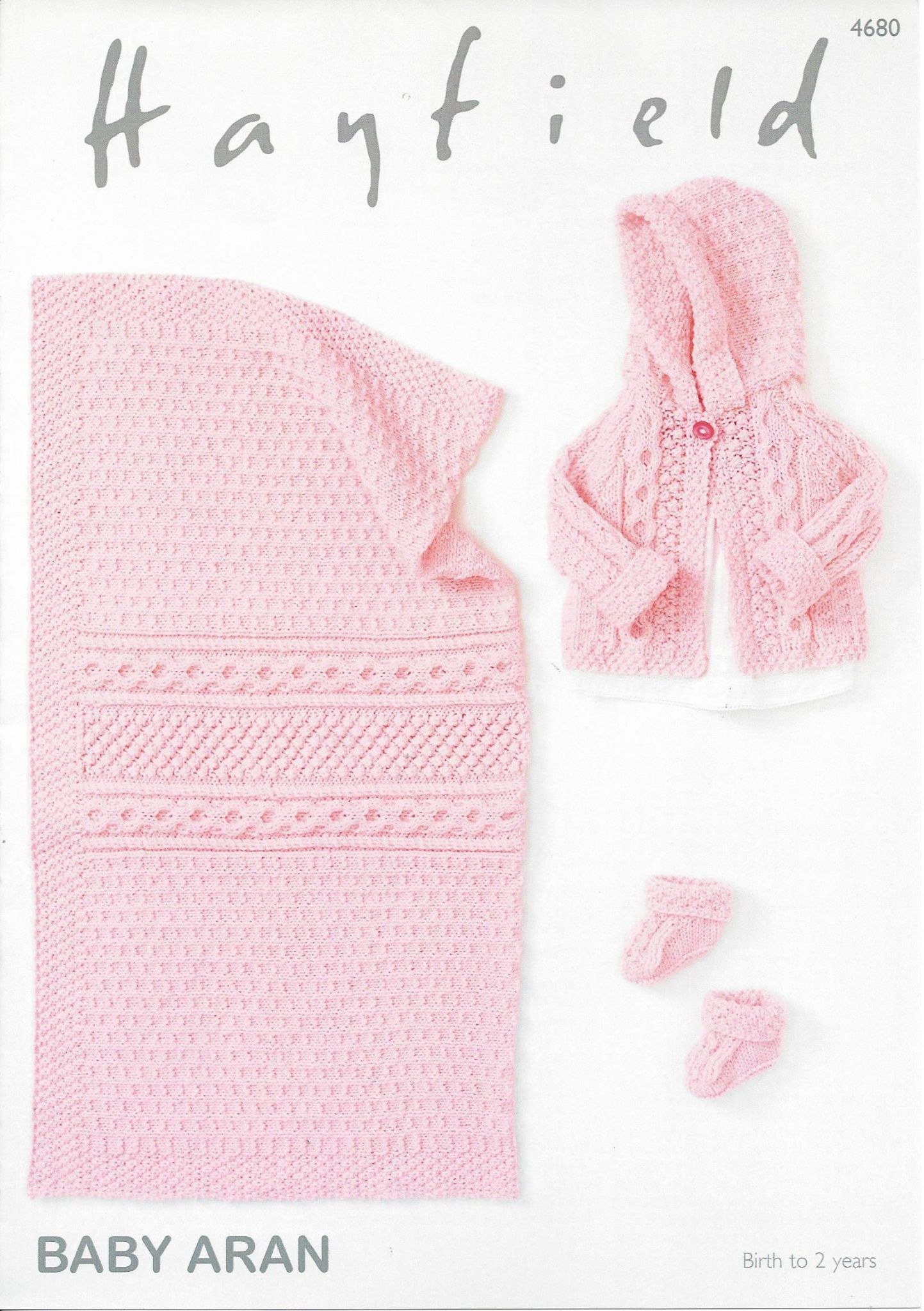 Hayfield 4680 Knitted Jacket, Bootees, and Blanket in #4/Aran weight yarn.